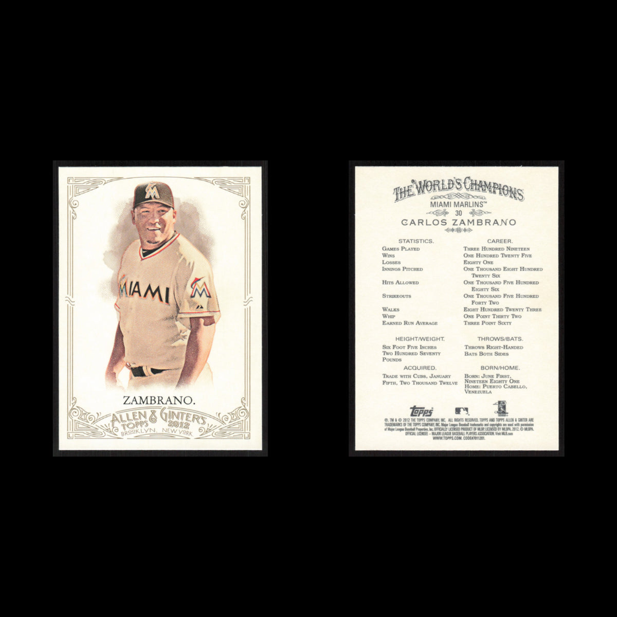 Carlos Zambrano #30 2012 Topps Allen - Ginter Miami Marlins Baseball Card MLB NM