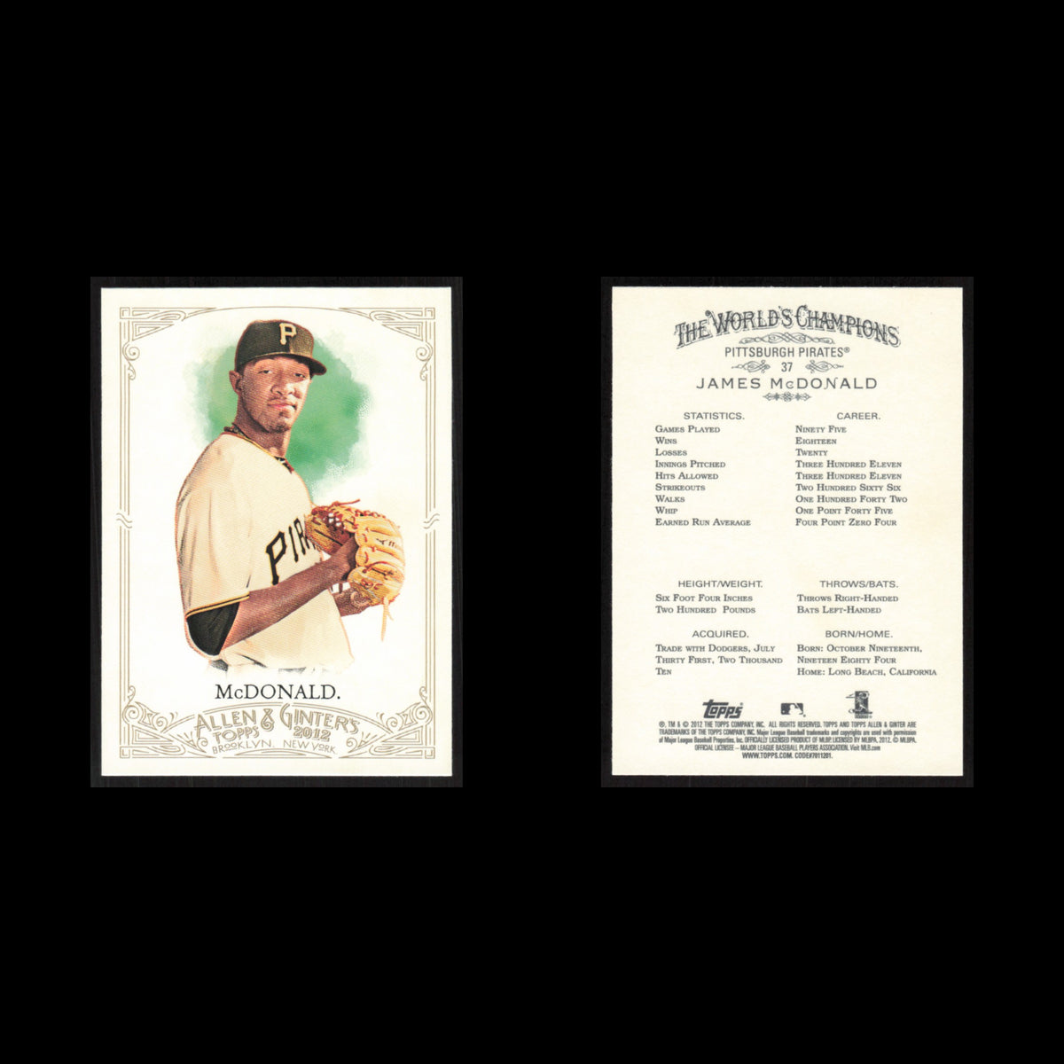 James McDonald #37 2012 Topps Allen - Ginter Pittsburgh Pirates Baseball Card NM