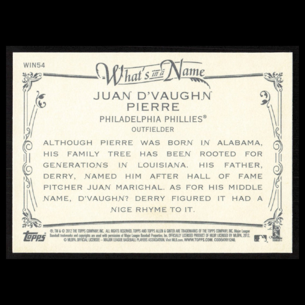 Juan Pierre #WIN54 2012 Topps Allen - Ginter Whats in the Name Phillies Baseball