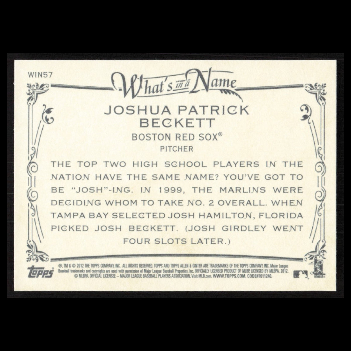 Josh Beckett #WIN57 2012 Topps Allen - Ginter Whats in a Name Boston Red Sox MLB