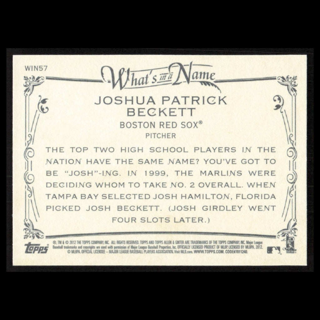 Josh Beckett #WIN57 2012 Topps Allen - Ginter Whats in a Name Boston Red Sox MLB