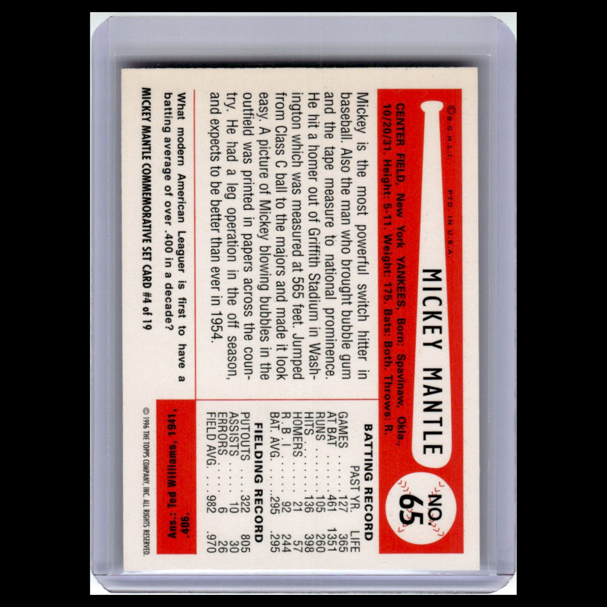 Mickey Mantle #65 1996 Topps New York Yankees Baseball Card MLB NM