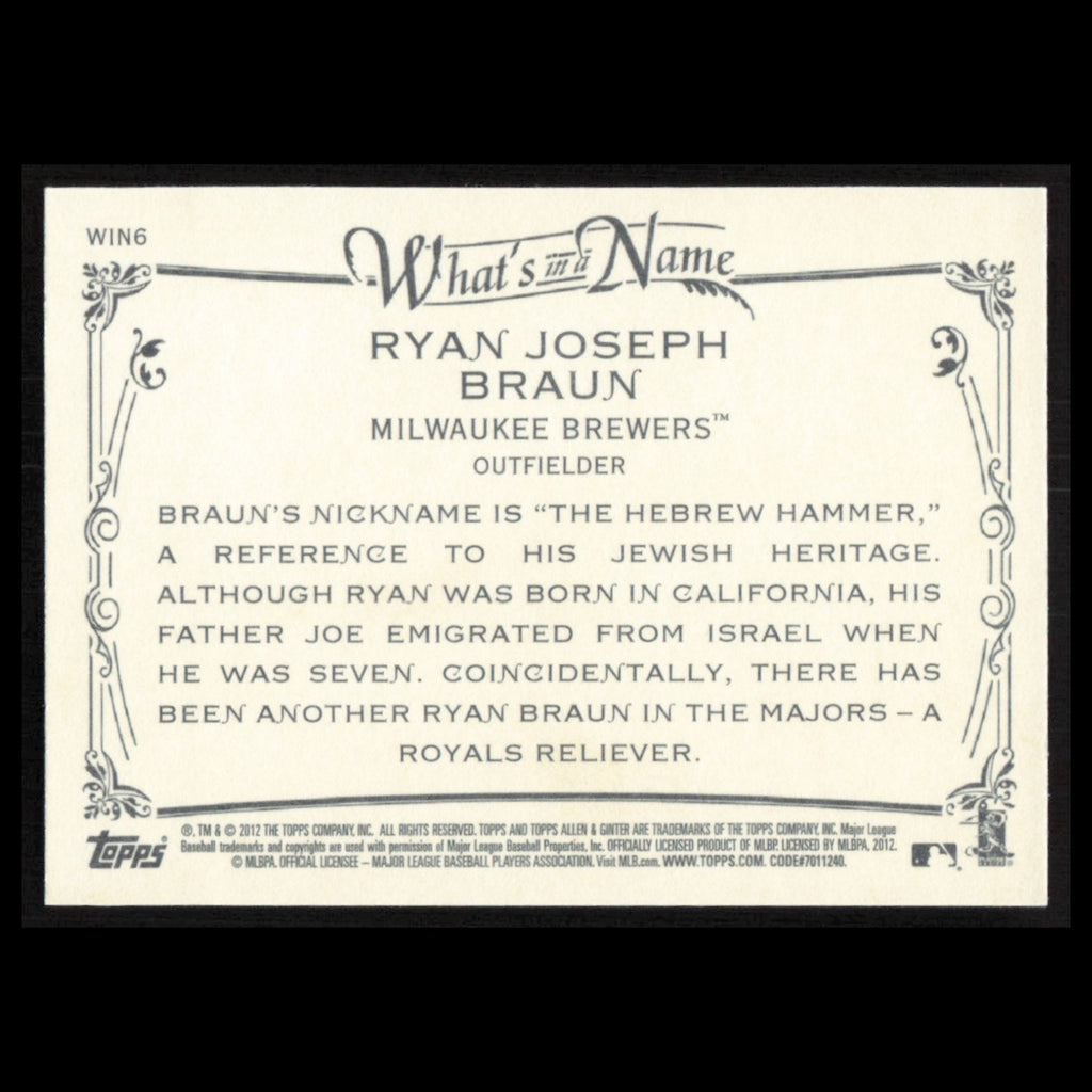 Ryan Braun #WIN6 2012 Topps Allen - Ginter Whats in a Name Milwaukee Brewers MLB
