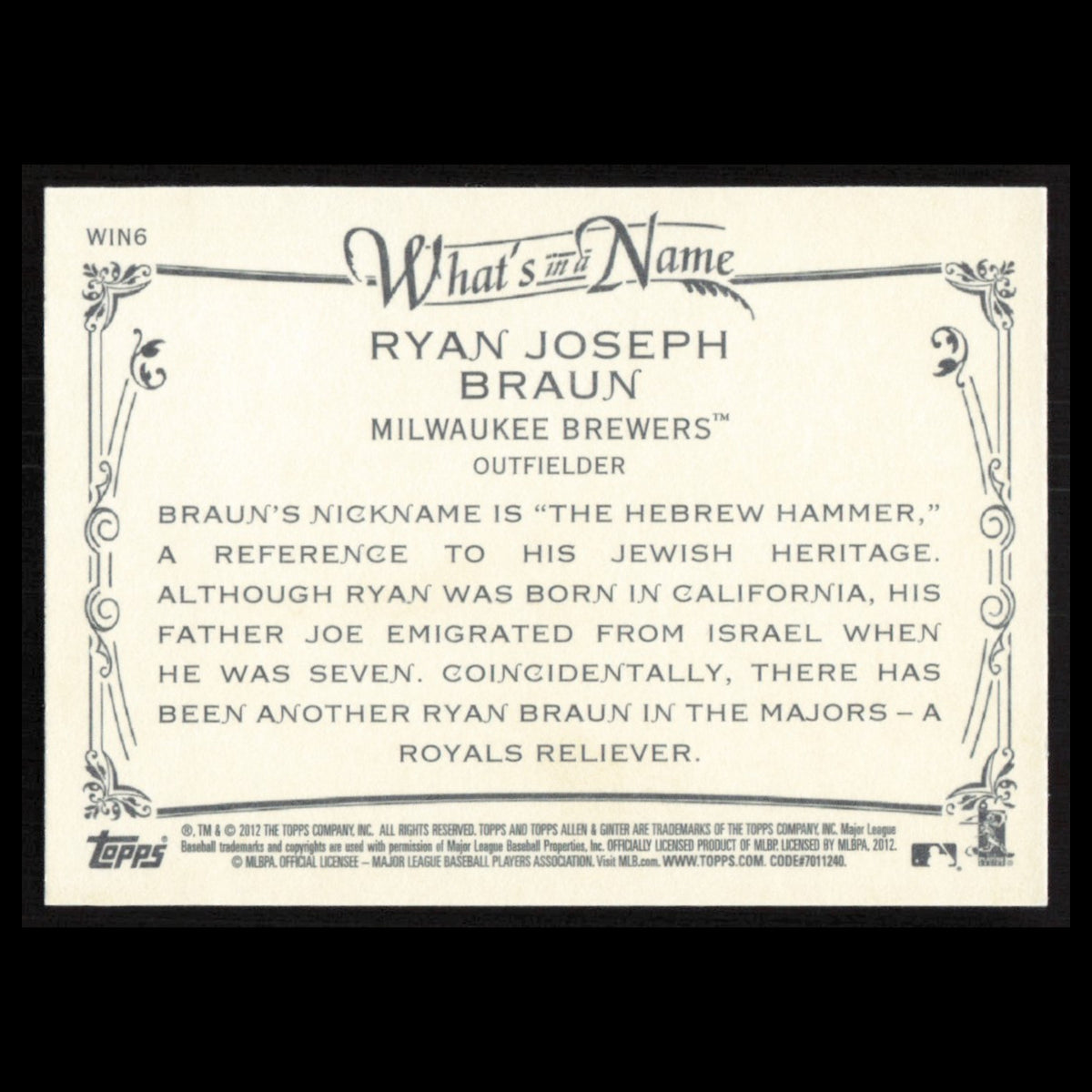 Ryan Braun #WIN6 2012 Topps Allen - Ginter Whats in a Name Milwaukee Brewers MLB