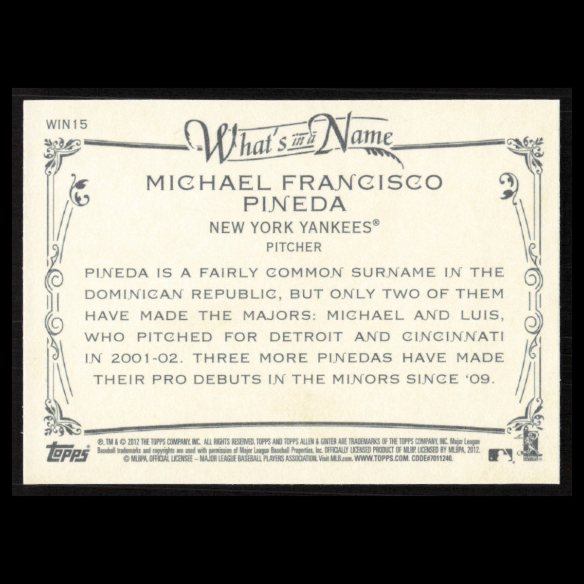 Michael Pineda #WIN15 2012 Topps Allen - Ginter Whats in a Name New York Yankees
