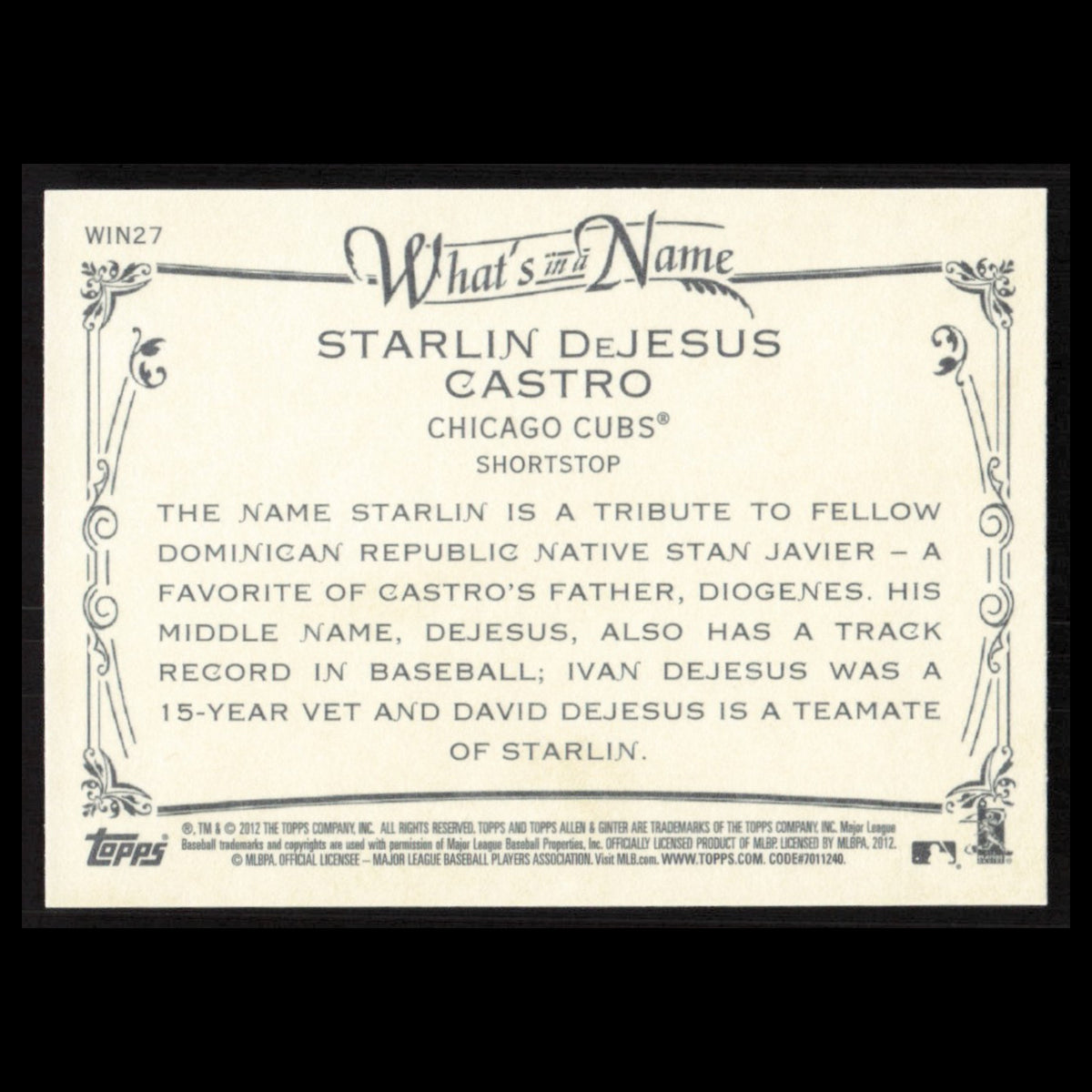 Starlin Castro #WIN27 2012 Topps Allen - Ginter Whats in the Name Chicago Cubs