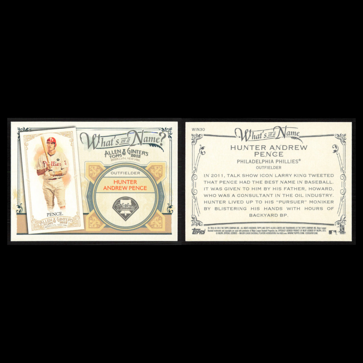 Hunter Pence #WIN30 2012 Topps Allen - Ginter Whats in a Name Phillies Baseball