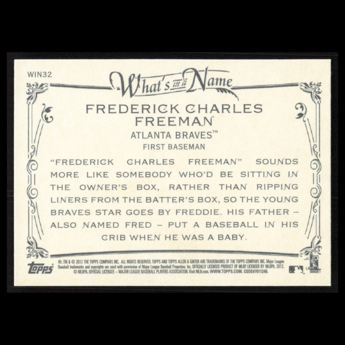 Freddie Freeman #WIN32 2012 Topps Allen - Ginter Whats in a Name Atlanta Braves
