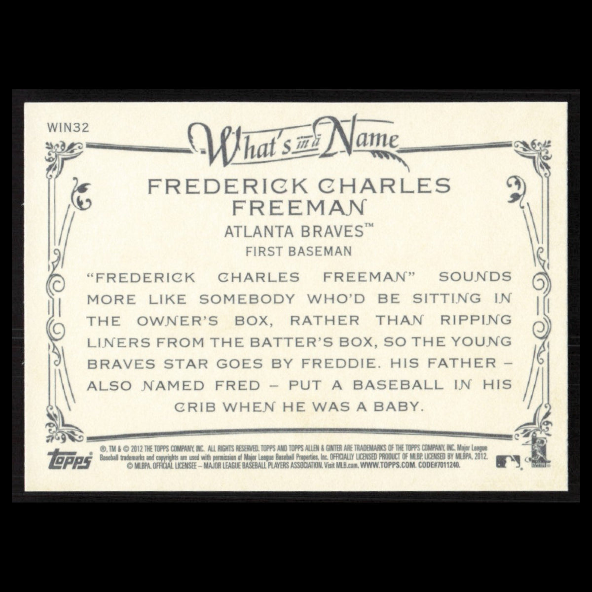 Freddie Freeman #WIN32 2012 Topps Allen - Ginter Whats in a Name Atlanta Braves