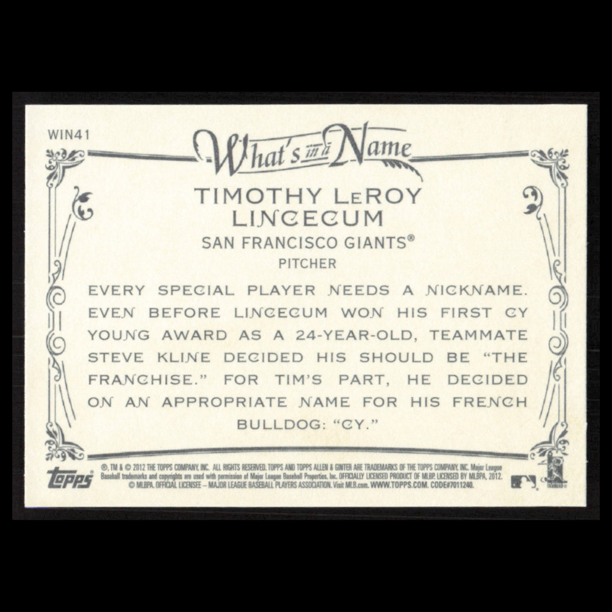Tim Lincecum #WIN41 2012 Topps Allen - Ginter Whats in a Name Giants Baseball NM