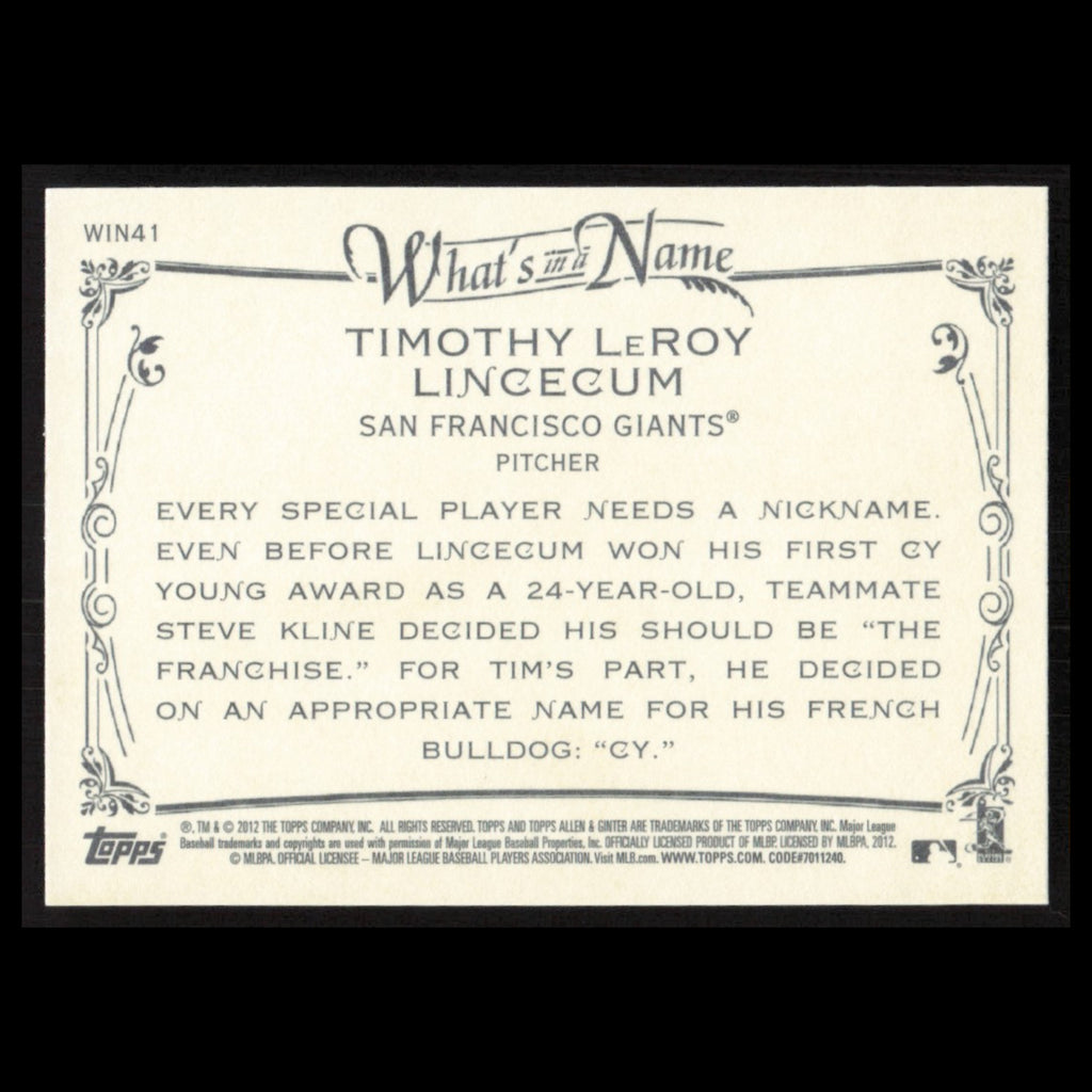 Tim Lincecum #WIN41 2012 Topps Allen - Ginter Whats in a Name Giants Baseball NM