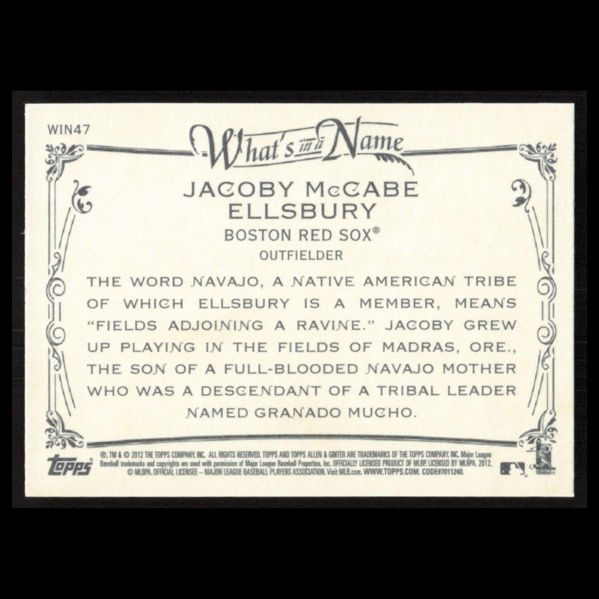 Jacoby Ellsbury #WIN47 2012 Topps Allen - Ginter Whats in a Name Boston Red Sox
