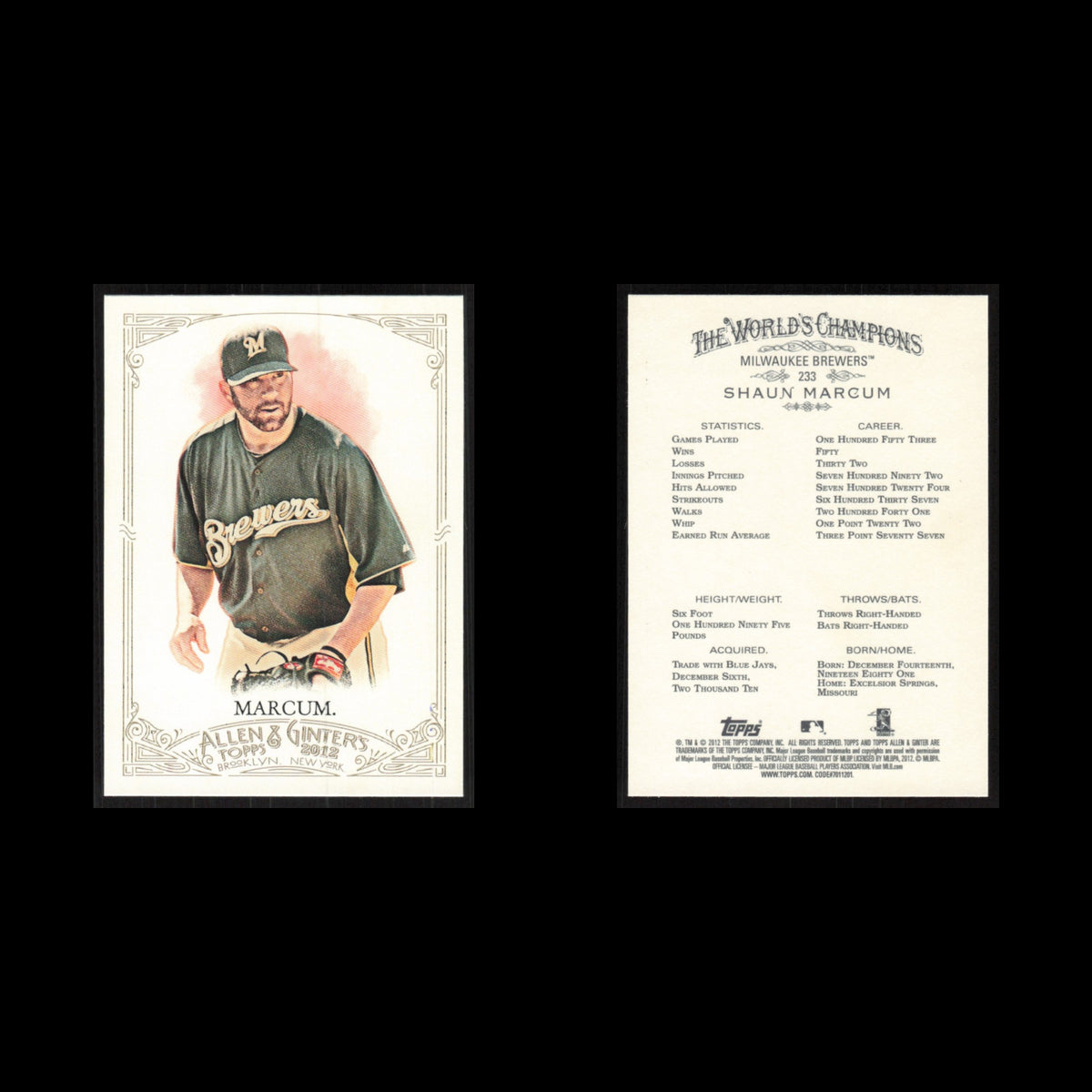 Shaun Marcum #233 2012 Topps Allen - Ginter Milwaukee Brewers Baseball Card MLB