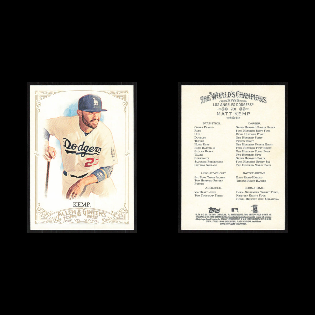 Matt Kemp #200 2012 Topps Allen - Ginter Los Angeles Dodgers Baseball Card MLB