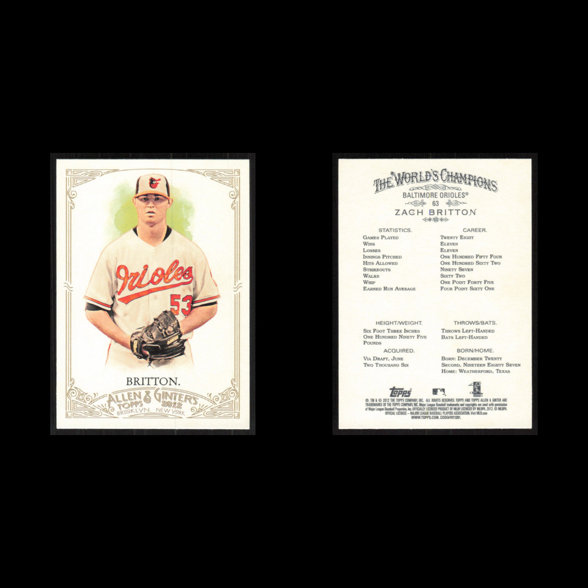 Zach Britton #63 2012 Topps Allen - Ginter Baltimore Orioles Baseball Card MLB