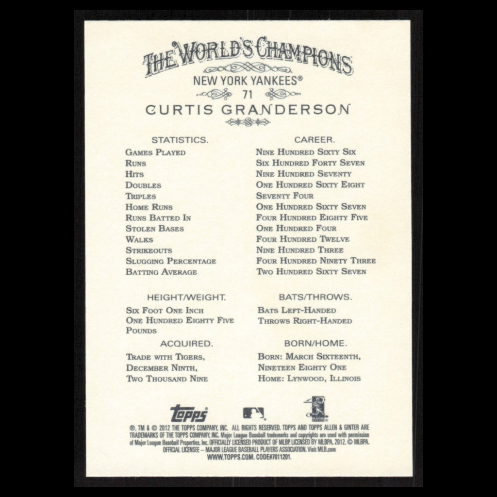 Curtis Granderson #71 2012 Topps Allen - Ginter New York Yankees Baseball Card
