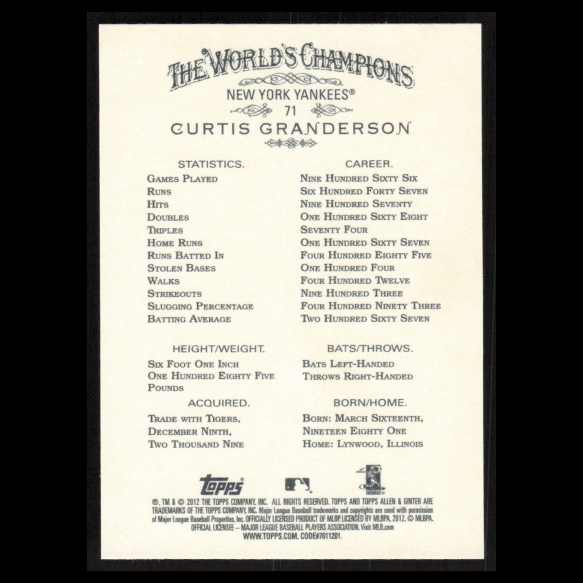 Curtis Granderson #71 2012 Topps Allen - Ginter New York Yankees Baseball Card