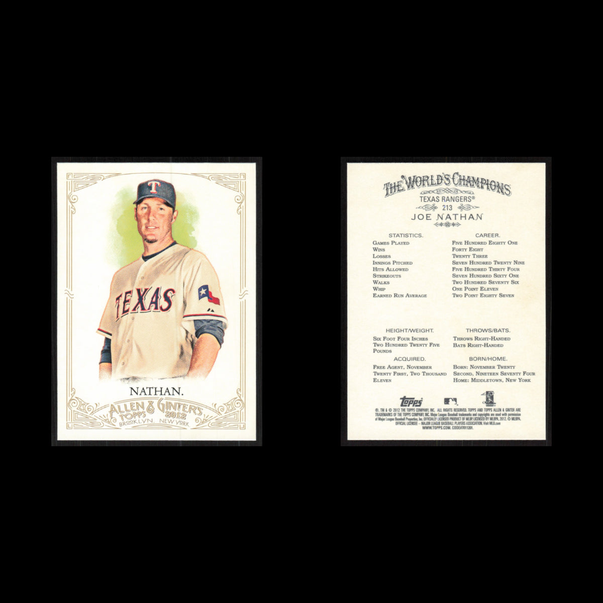 Joe Nathan #213 2012 Topps Allen - Ginter Texas Rangers Baseball Card MLB NM