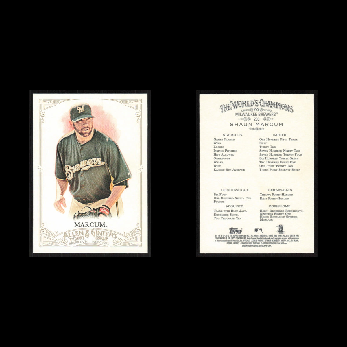 Shaun Marcum #233 2012 Topps Allen - Ginter Milwaukee Brewers Baseball Card MLB