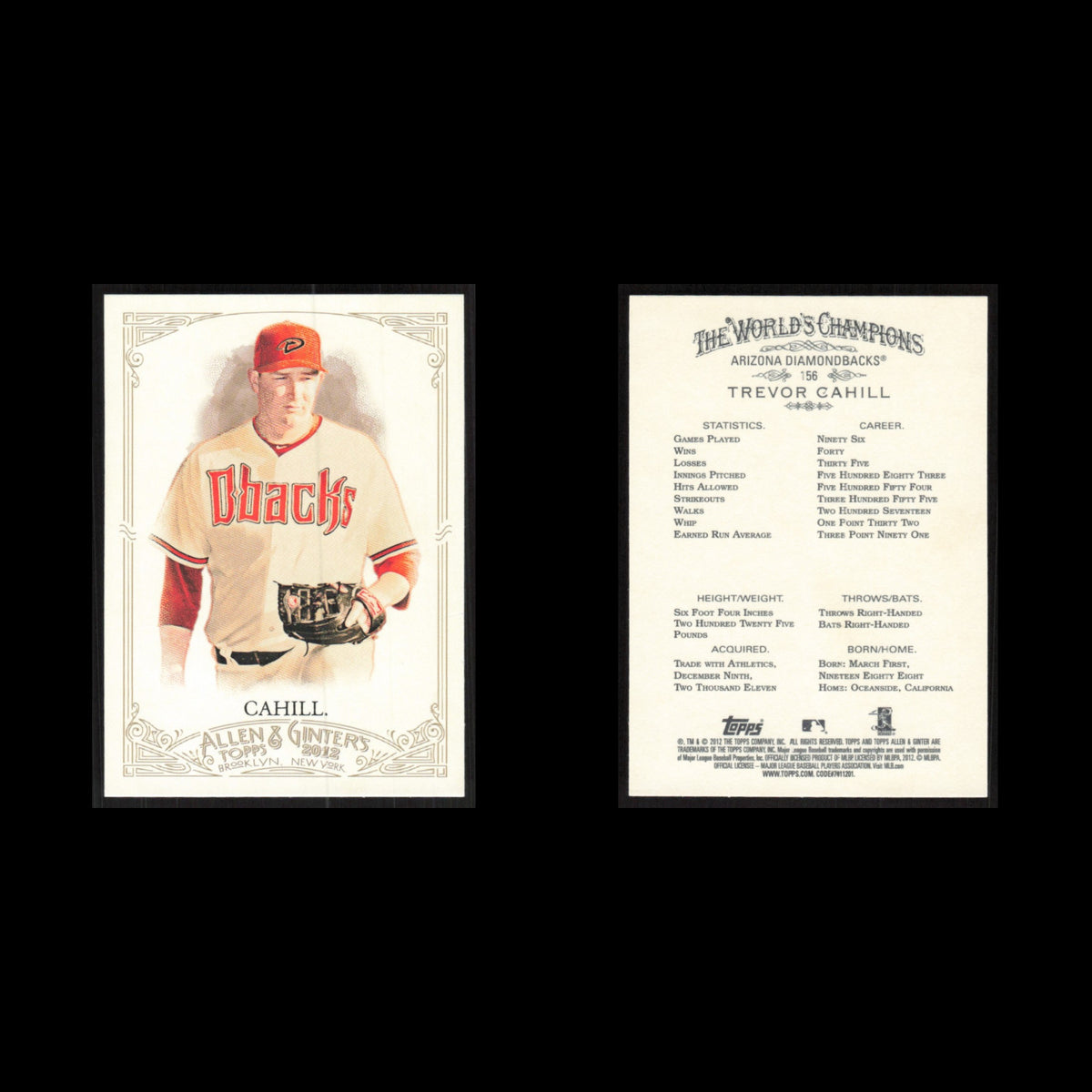 Trevor Cahill #156 2012 Topps Allen - Ginter Arizona Diamondbacks Baseball Card