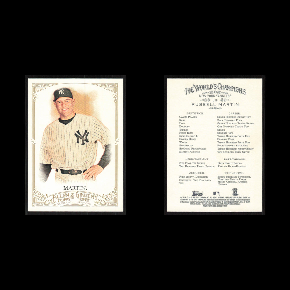 Russell Martin #310 2012 Topps Allen - Ginter New York Yankees Baseball Card MLB