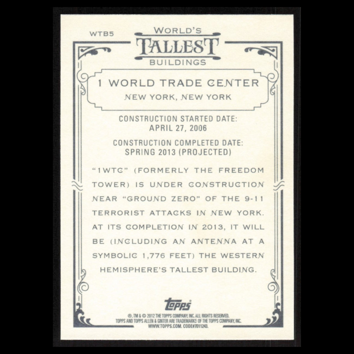 1 World Trade Center #WTB5 2012 Topps Allen - Ginter Worlds Tallest Buildings NM