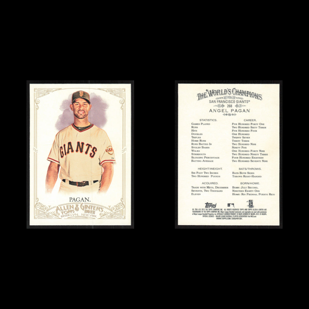 Angel Pagan #268 2012 Topps Allen - Ginter San Francisco Giants Baseball Card NM