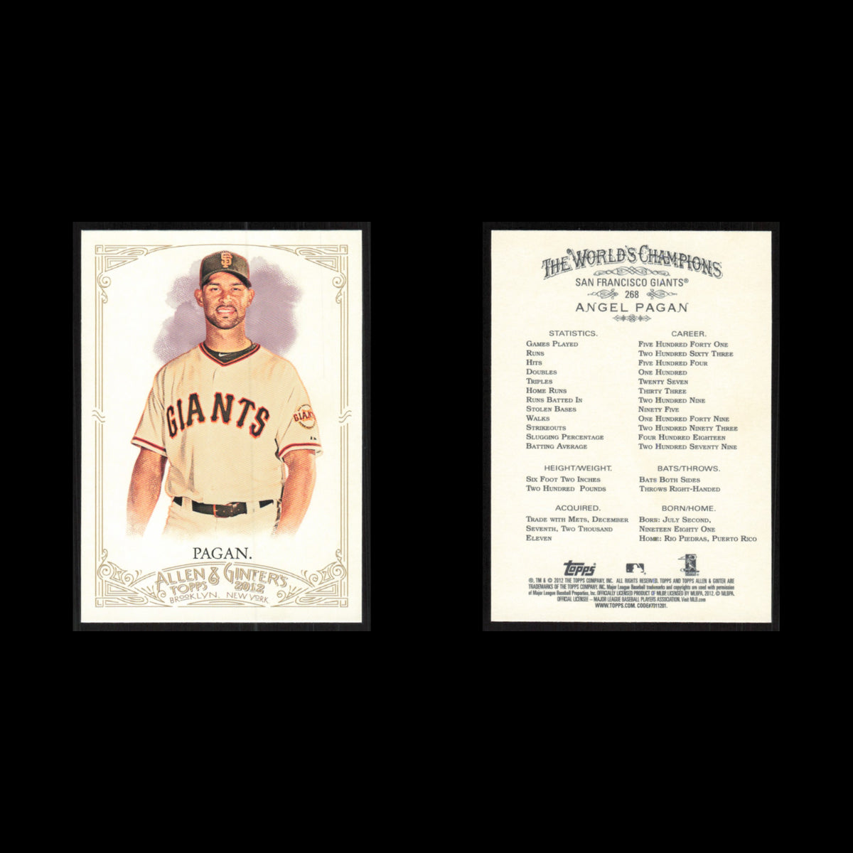 Angel Pagan #268 2012 Topps Allen - Ginter San Francisco Giants Baseball Card NM