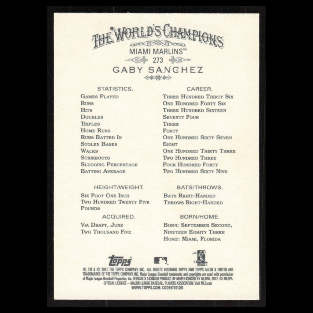 Gaby Sanchez #273 2012 Topps Allen - Ginter Miami Marlins Baseball Card MLB NM