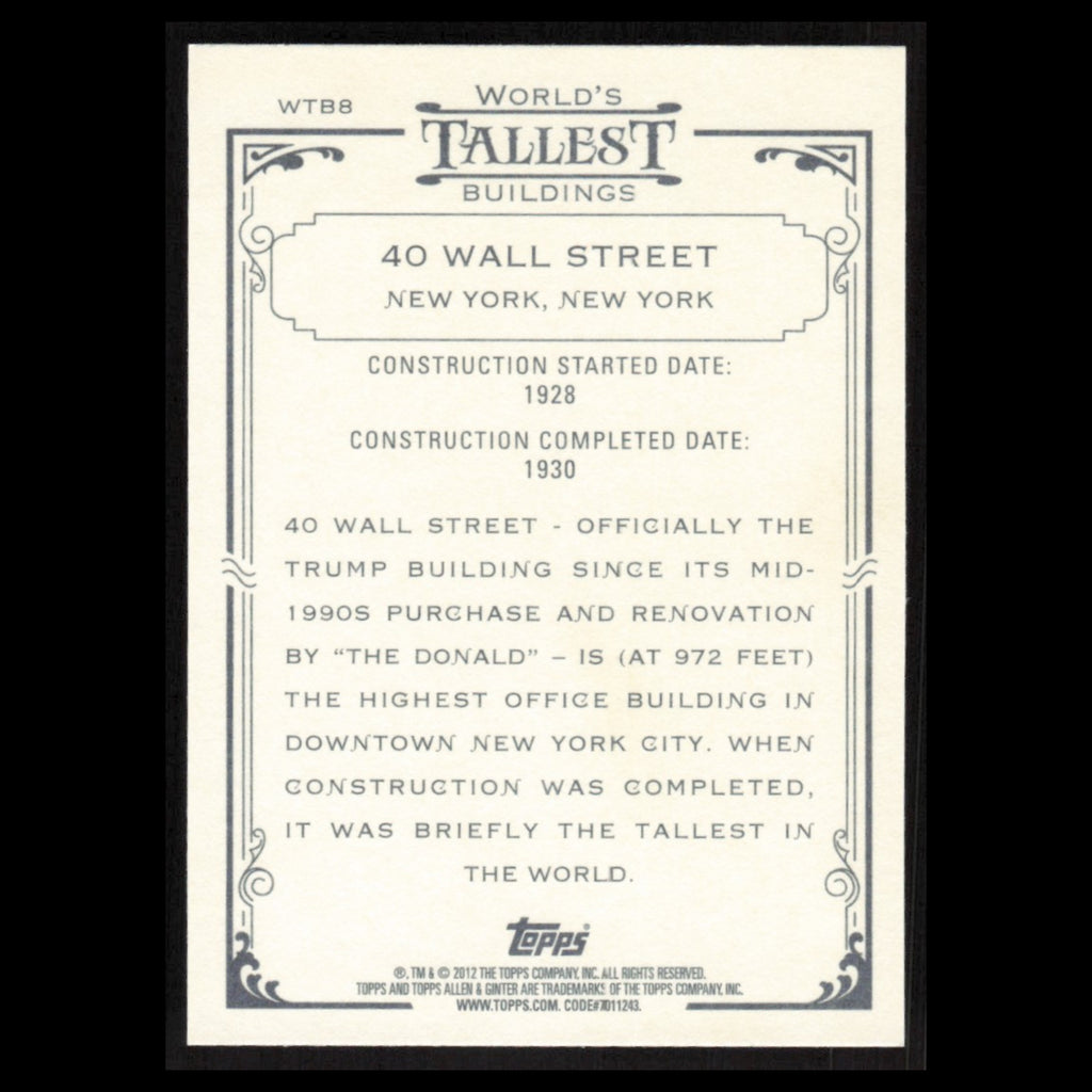 40 Wall Street #WTB8 2012 Topps Allen - Ginter Worlds Tallest Buildings Baseball