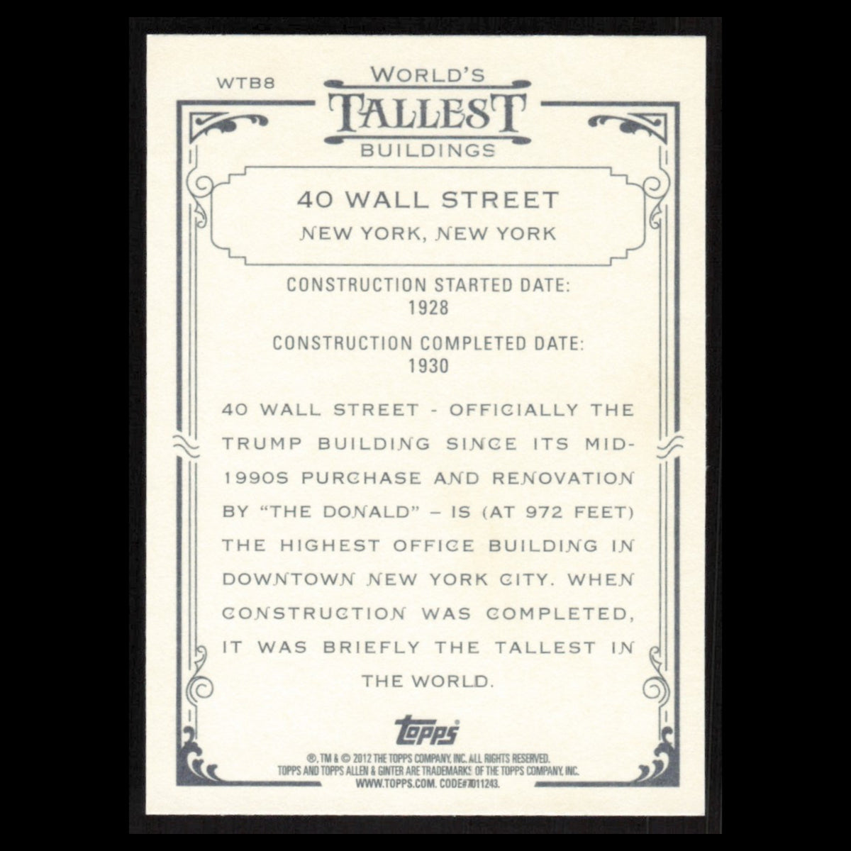 40 Wall Street #WTB8 2012 Topps Allen - Ginter Worlds Tallest Buildings Baseball