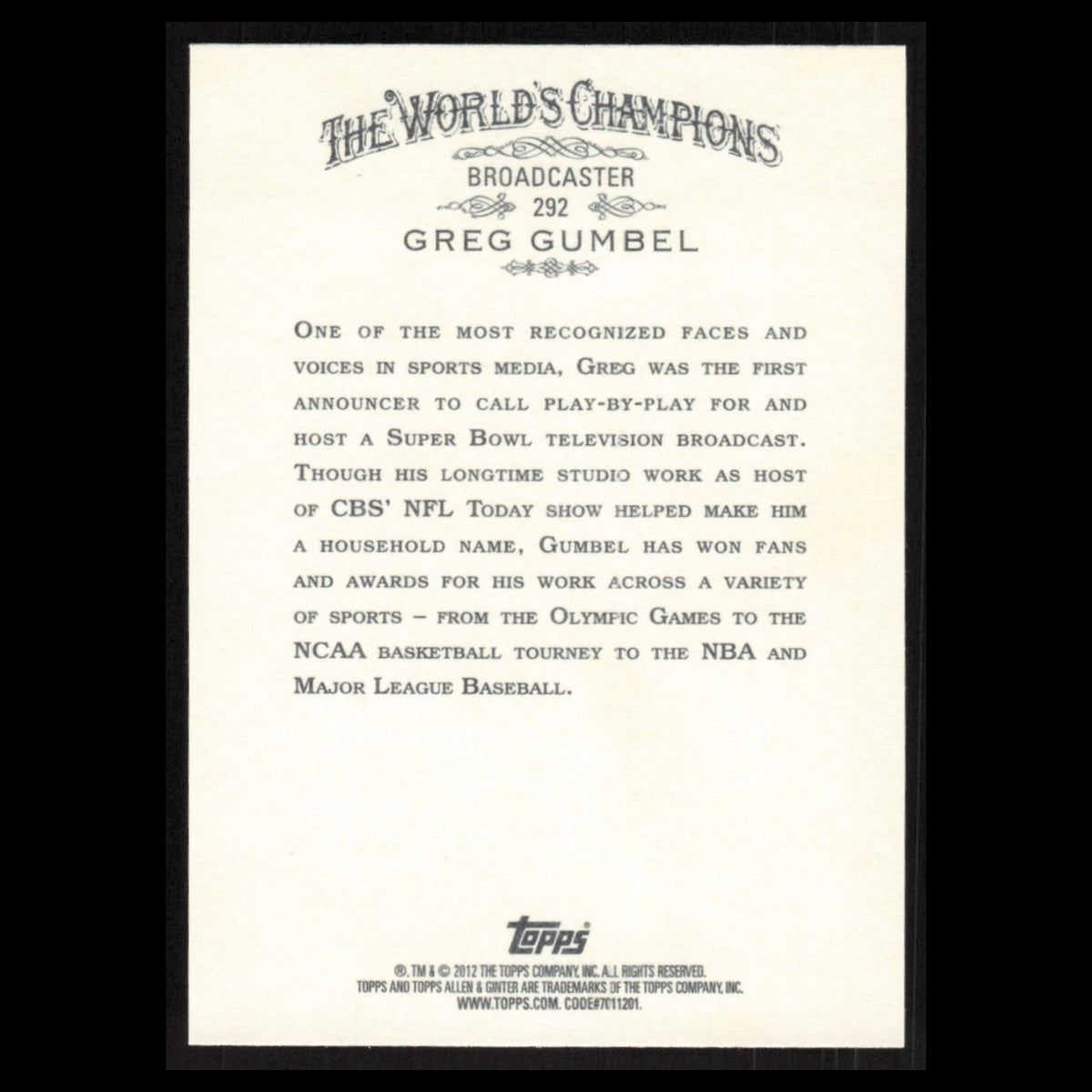 Greg Gumbel #292 2012 Topps Allen - Ginter Baseball Card MLB NM