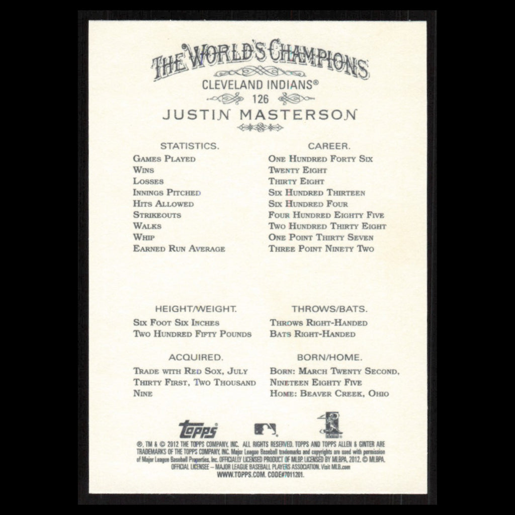 Justin Masterson #126 2012 Topps Allen - Ginter Cleveland Indians Baseball Card