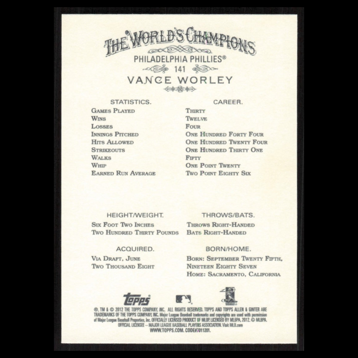 Vance Worley #141 2012 Topps Allen - Ginter Philadelphia Phillies Baseball Card