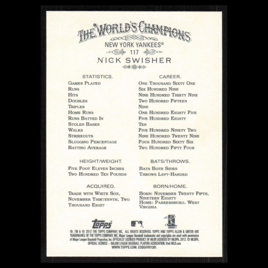 Nick Swisher #117 2012 Topps Allen - Ginter New York Yankees Baseball Card MLB
