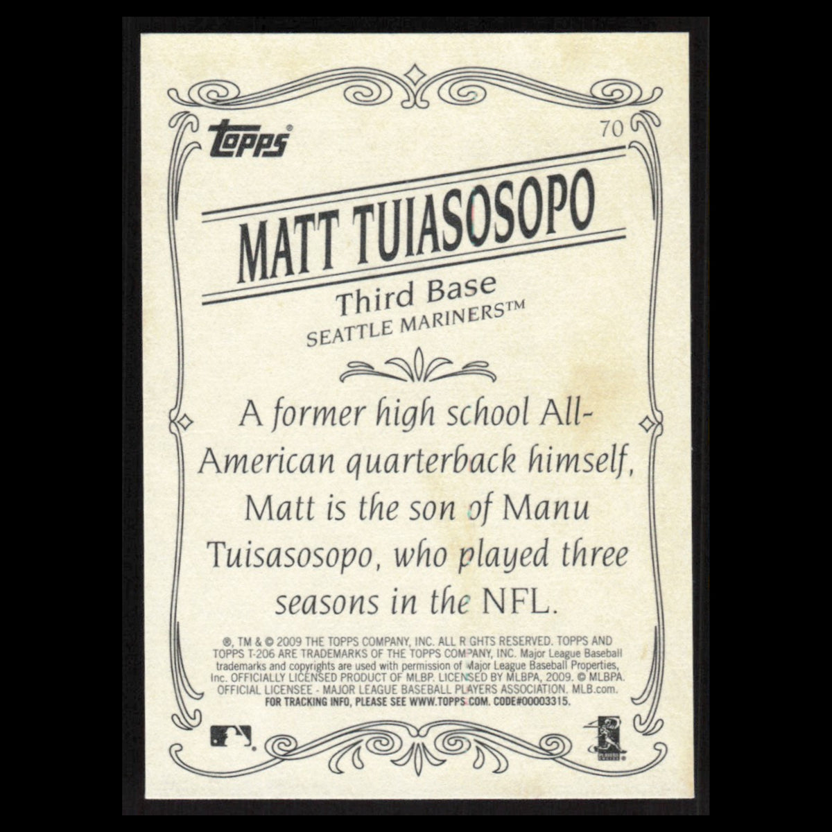 Matt Tuiasosopo Rookie #70 2009 Topps 206 Seattle Mariners Baseball Card MLB NM