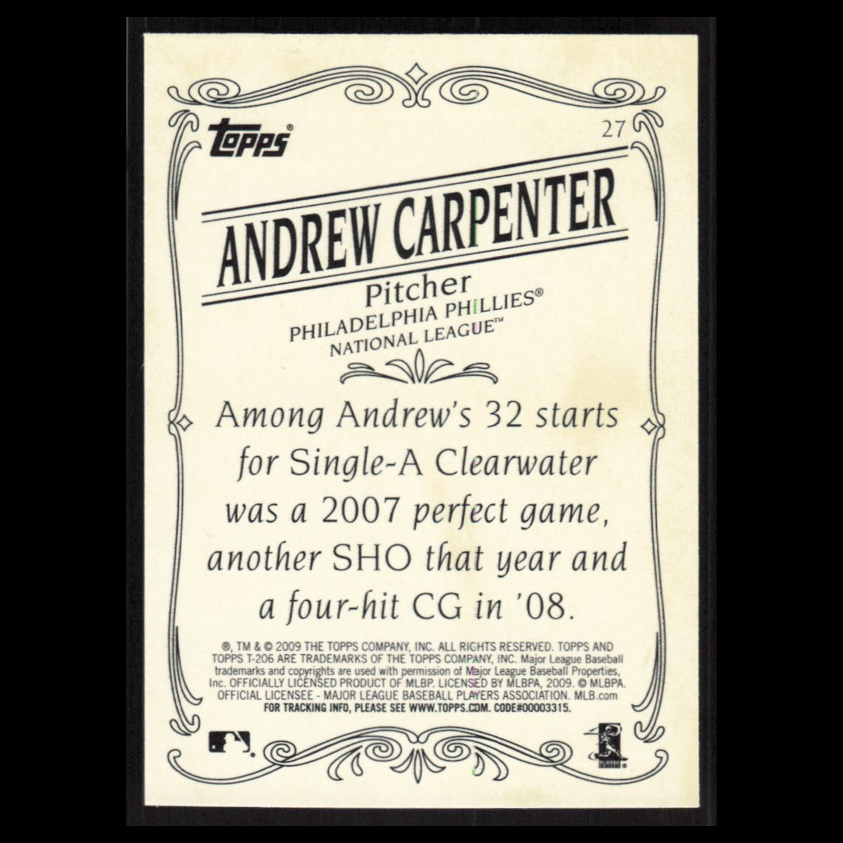 Andrew Carpenter Rookie #27 2009 Topps 206 Philadelphia Phillies Baseball Card