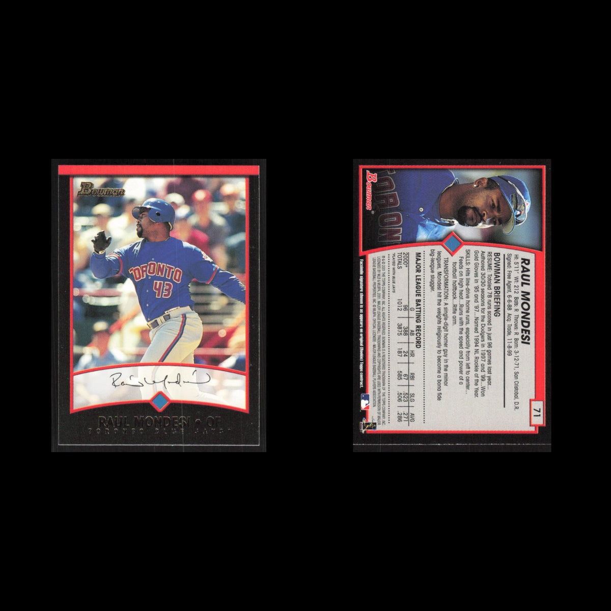 Raul Mondesi #71 2001 Bowman Toronto Blue Jays Baseball Card MLB NM