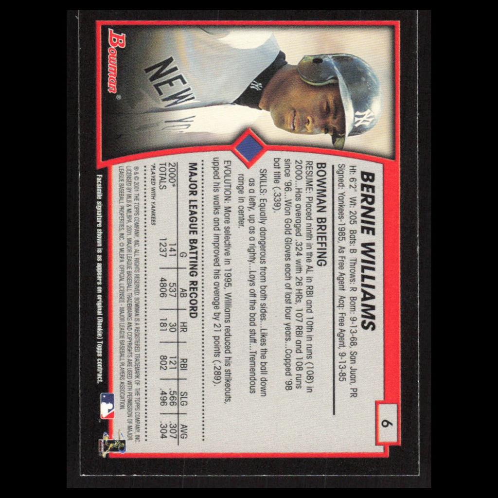 Bernie Williams #6 2001 Bowman New York Yankees Baseball Card MLB NM