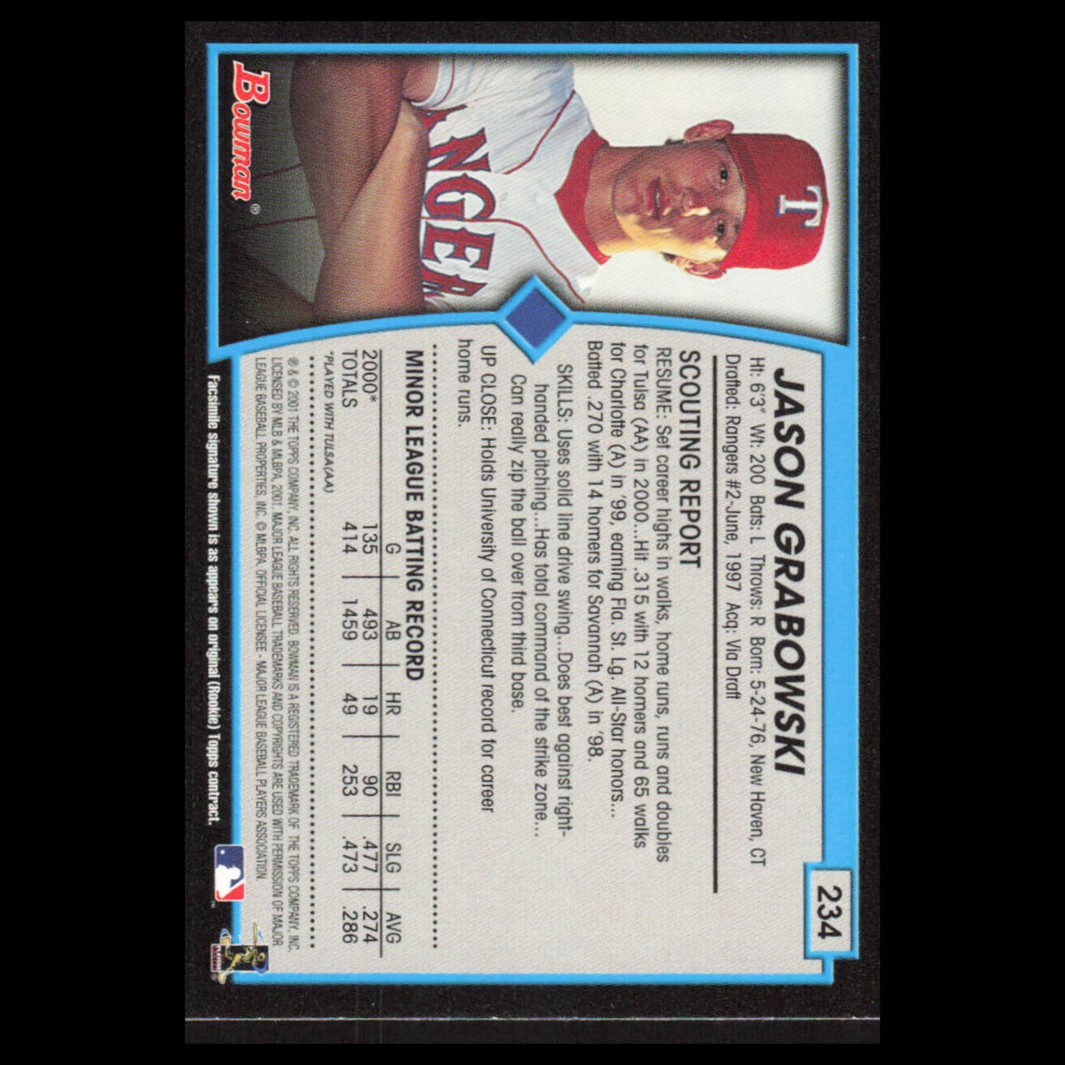 Jason Grabowski #234 2001 Bowman Texas Rangers Baseball Card MLB NM