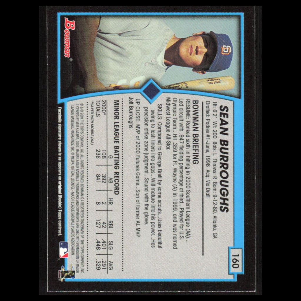 Sean Burroughs #160 2001 Bowman San Diego Padres Baseball Card MLB NM