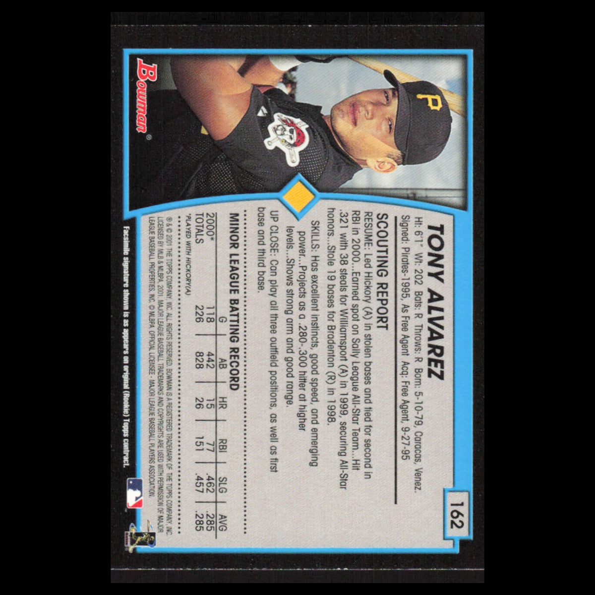 Tony Alvarez #162 2001 Bowman Pittsburgh Pirates Baseball Card MLB NM