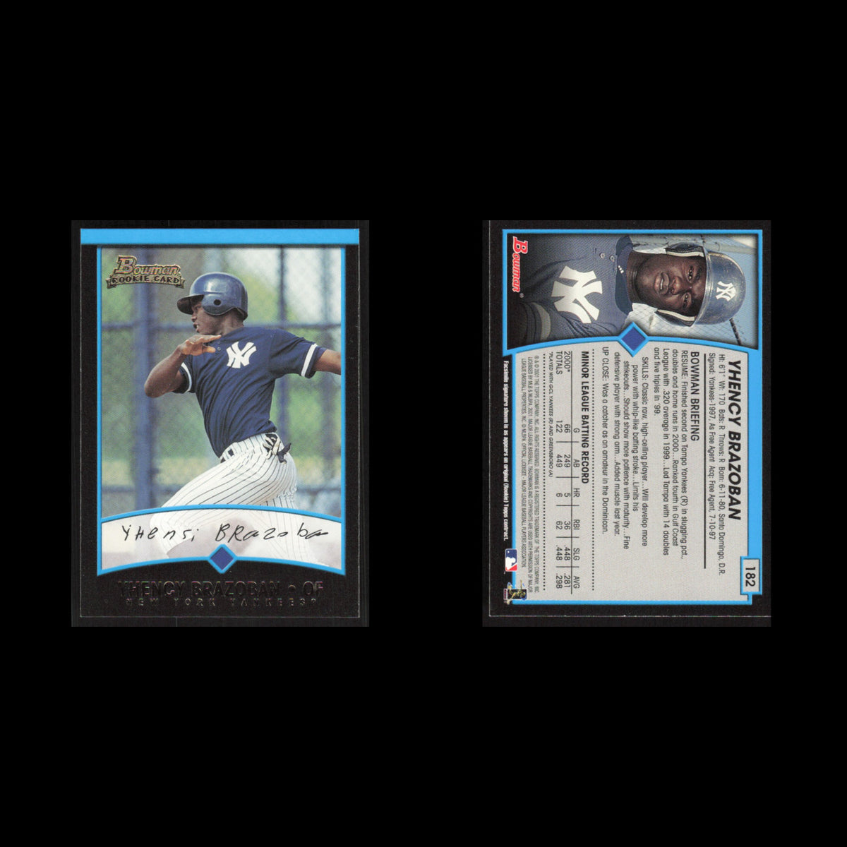 Yhency Brazoban Rookie #182 2001 Bowman New York Yankees Baseball Card MLB NM