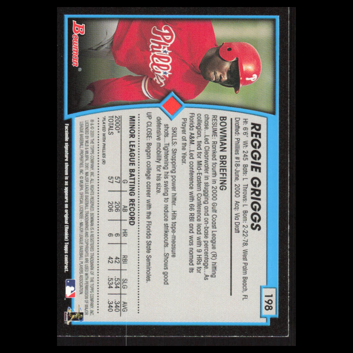 Reggie Griggs Rookie #198 2001 Bowman Philadelphia Phillies Baseball Card MLB NM