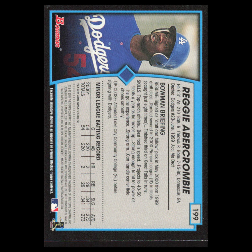 Reggie Abercrombie Rookie #199 2001 Bowman Los Angeles Dodgers Baseball Card MLB