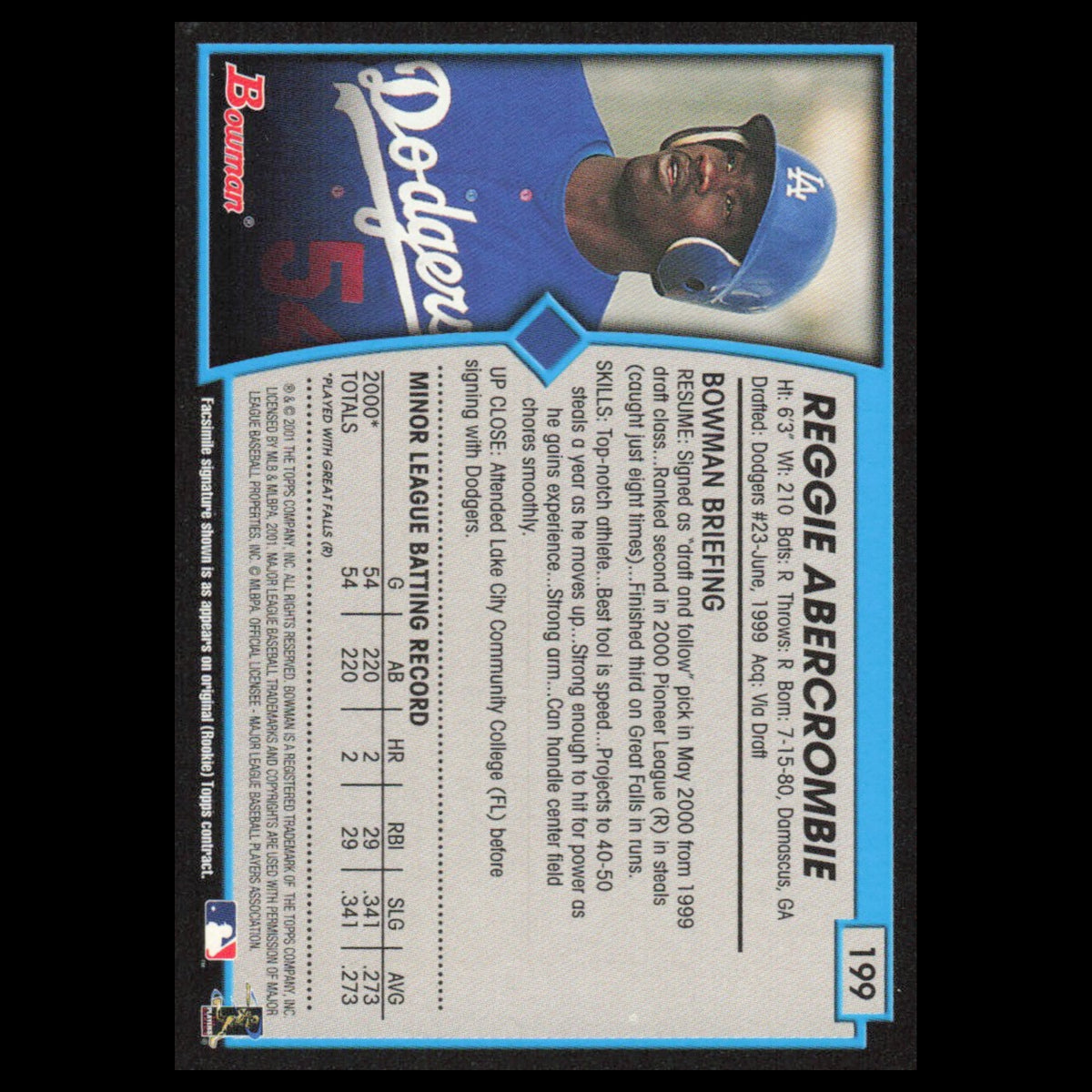 Reggie Abercrombie Rookie #199 2001 Bowman Los Angeles Dodgers Baseball Card MLB