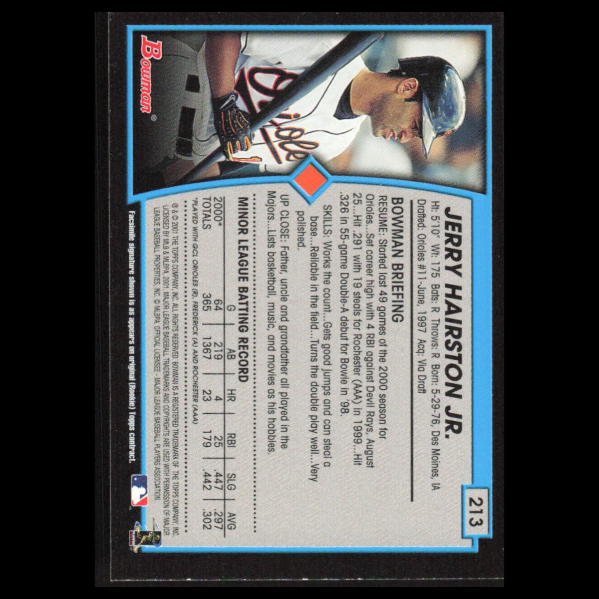 Jerry Hairston Jr. #213 2001 Bowman Baltimore Orioles Baseball Card MLB NM