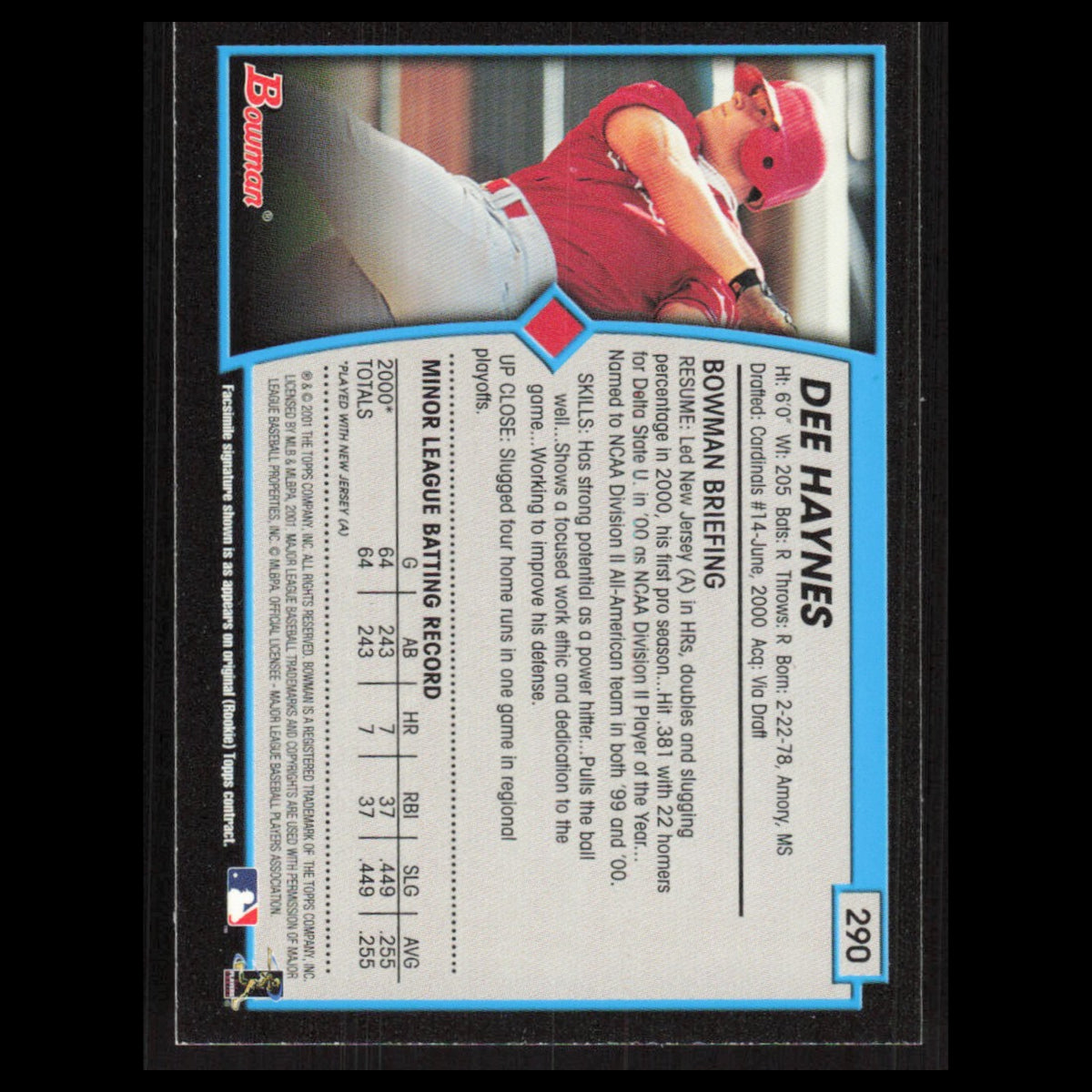 Dee Haynes Rookie #290 2001 Bowman St. Louis Cardinals Baseball Card MLB NM