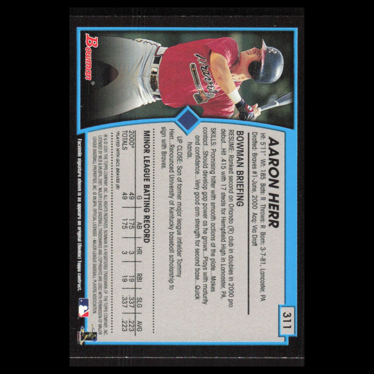 Aaron Herr #311 2001 Bowman Atlanta Braves Baseball Card MLB NM