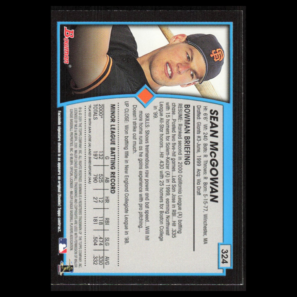 Sean McGowan #324 2001 Bowman San Francisco Giants Baseball Card MLB NM